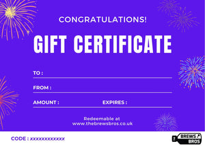 purple congratulations the brews bros gift card with firework icons
